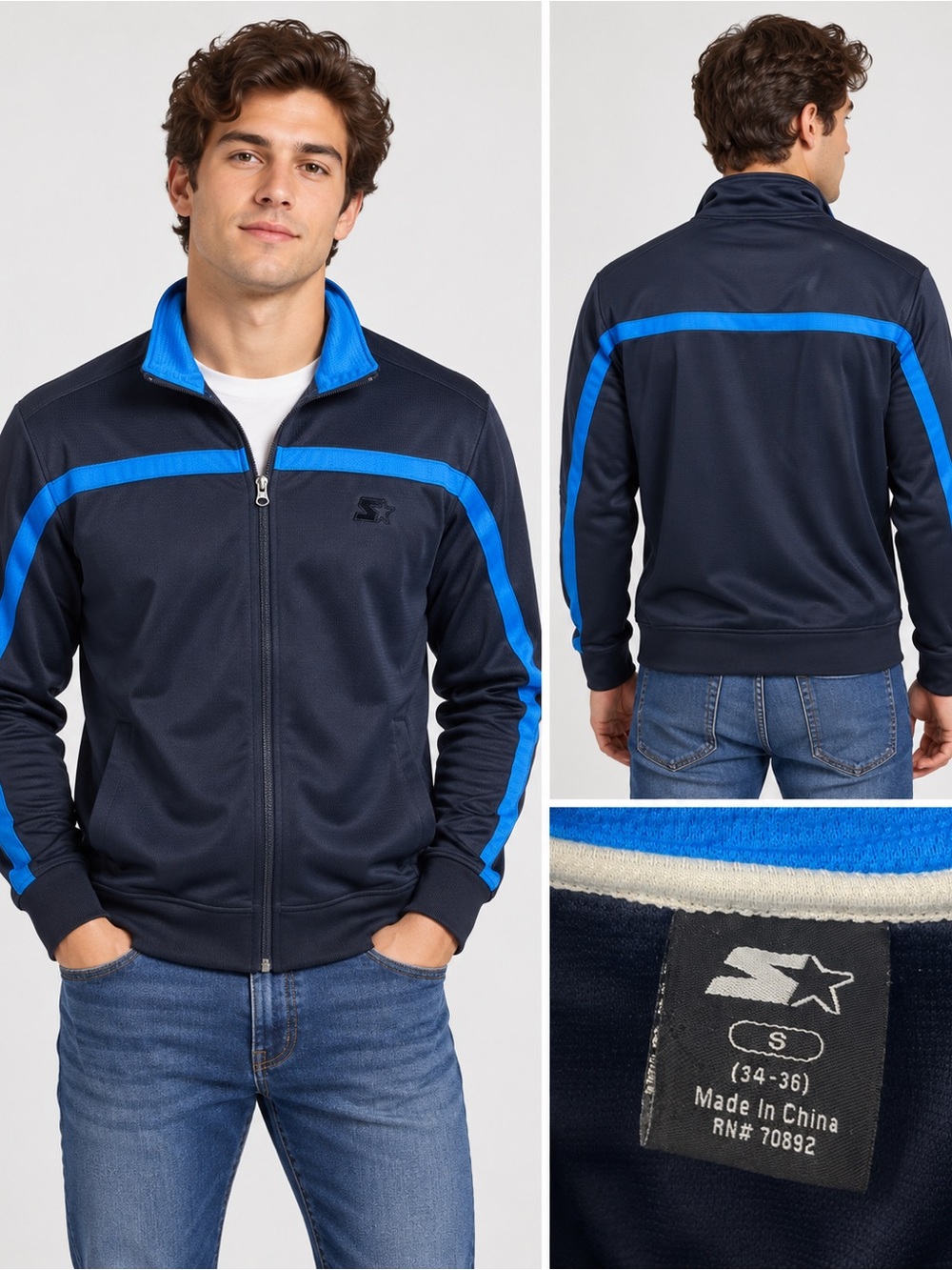 Starter Men’s Navy Blue Track Jacket with Royal Blue Trim Small(34-36)
